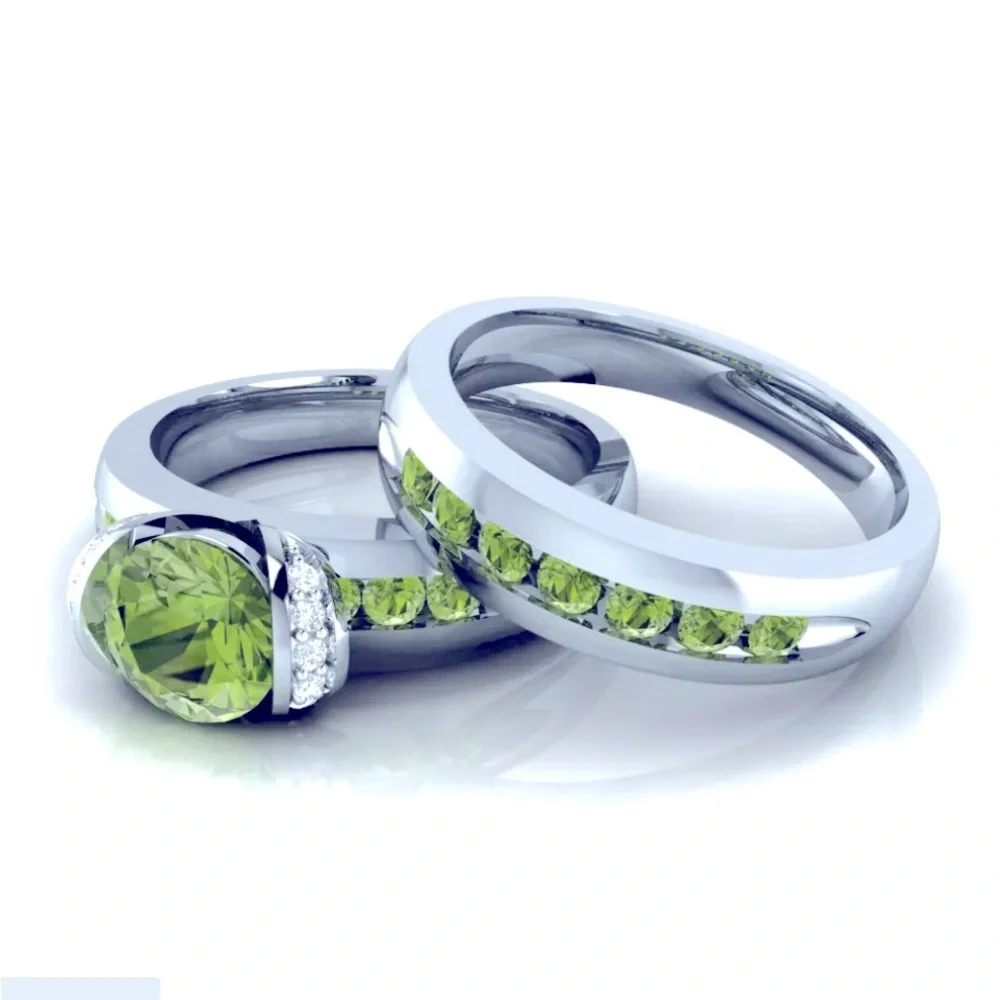 New Sterling Silver Peridot White Sapphires 2pc Ring Set